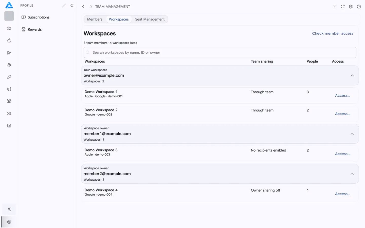 Team workspaces grouped by owner with search and access statuses