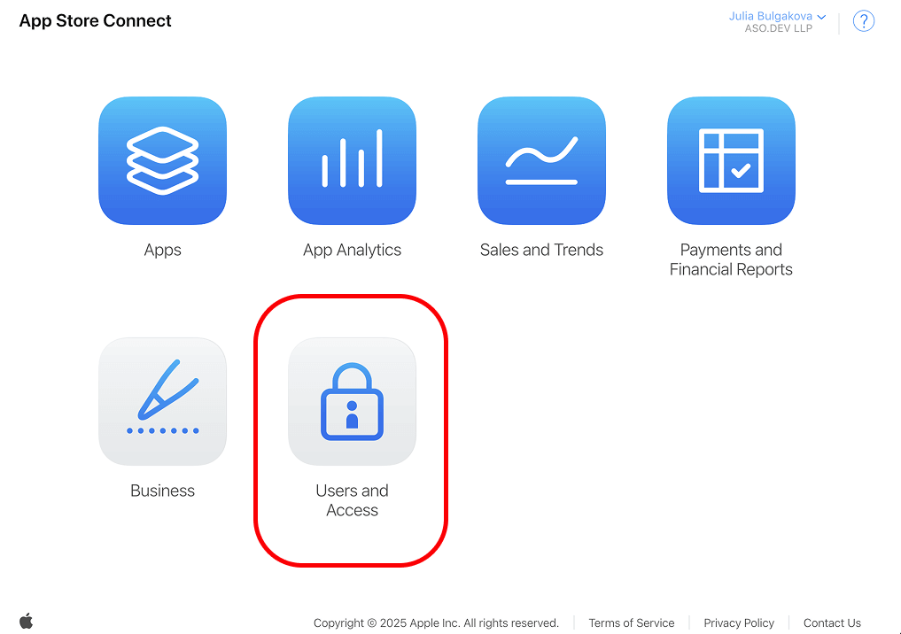AppStore Connect. Users and Access
