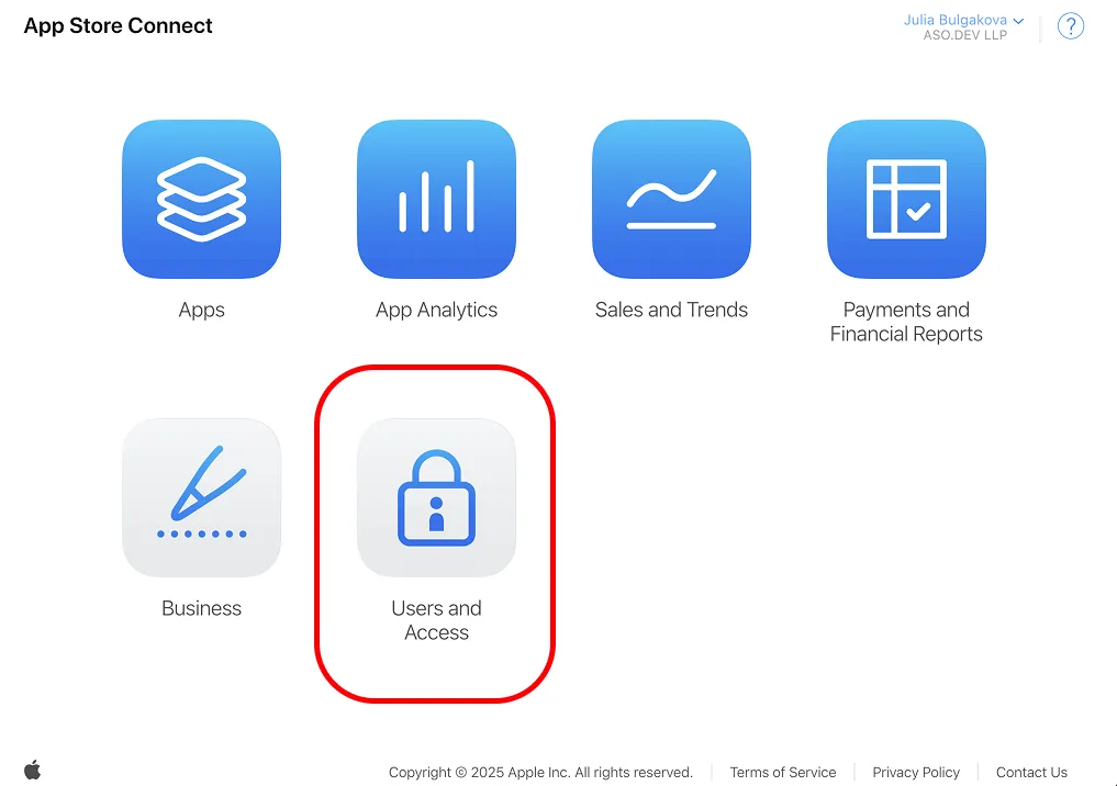 AppStore Connect. Users and Access