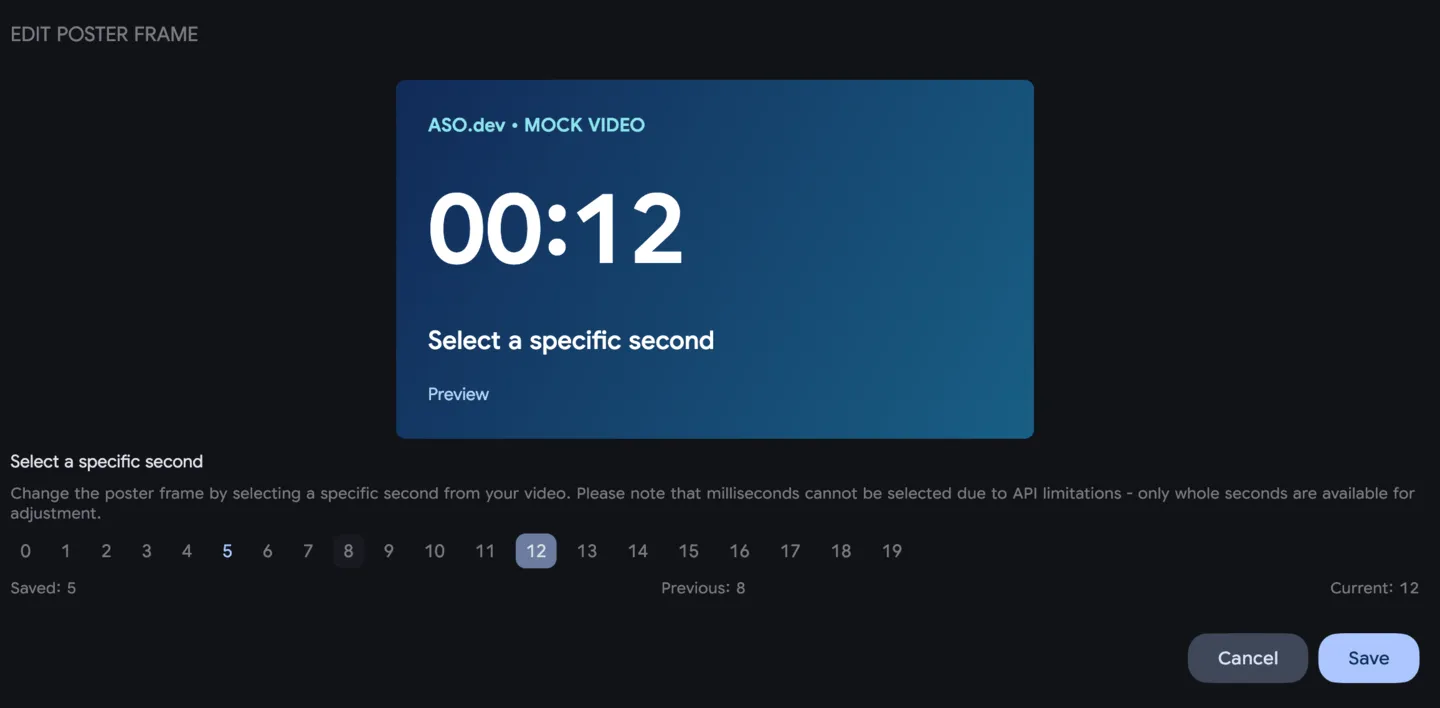 Choosing a poster frame at a specific second — mock video