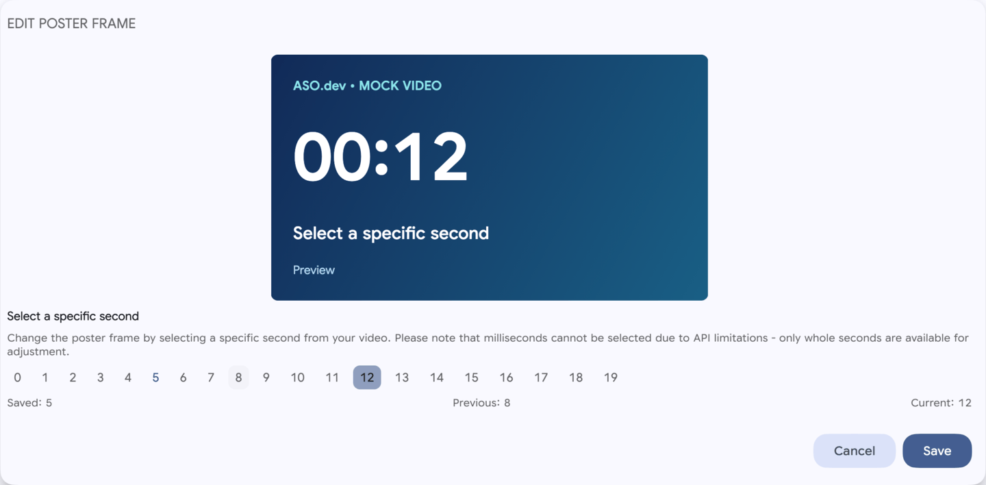 Choosing a poster frame at a specific second — mock video