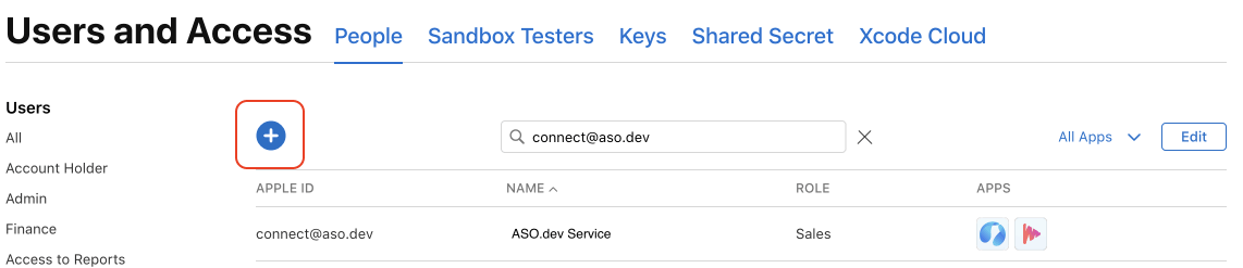 AppStore Connect. Add new user