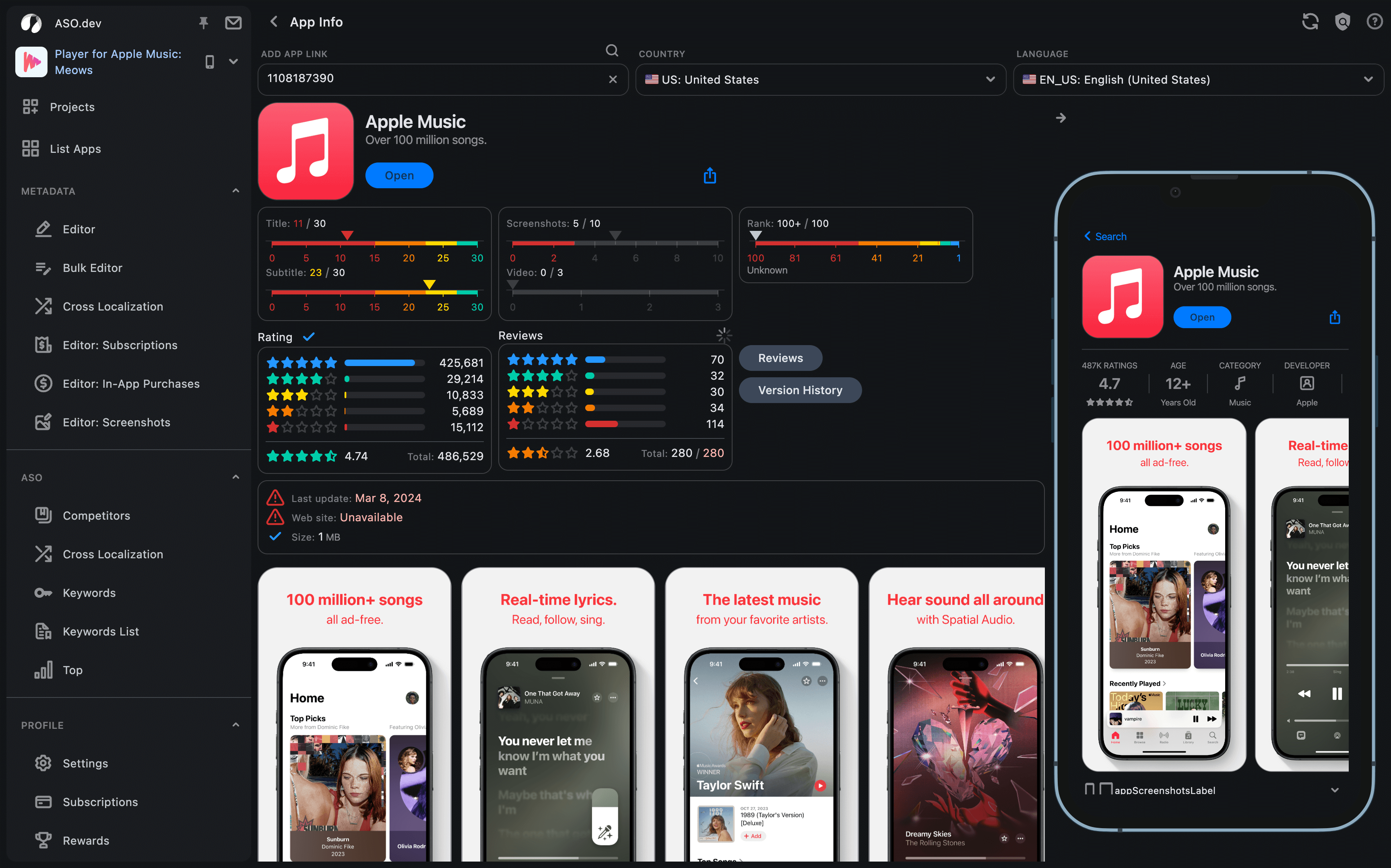 Preview in App Store Connect with core metrics