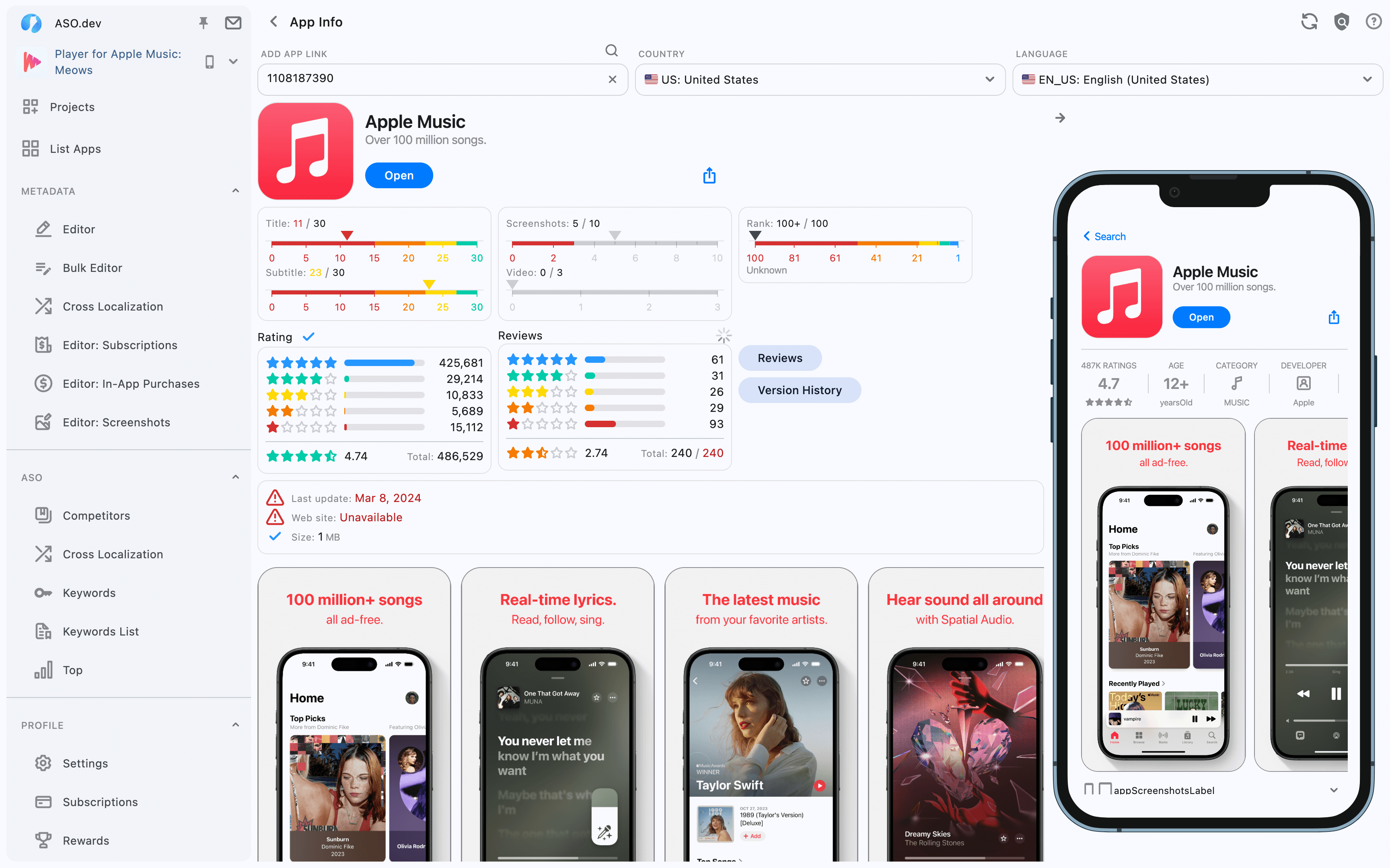 Preview in App Store Connect with core metrics